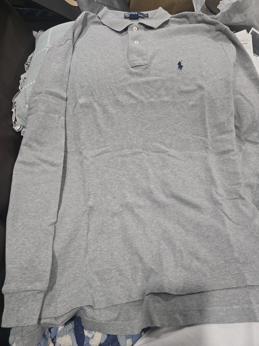 Ralph Lauren Light Gray Long Sleeve Polo with Navy Pony